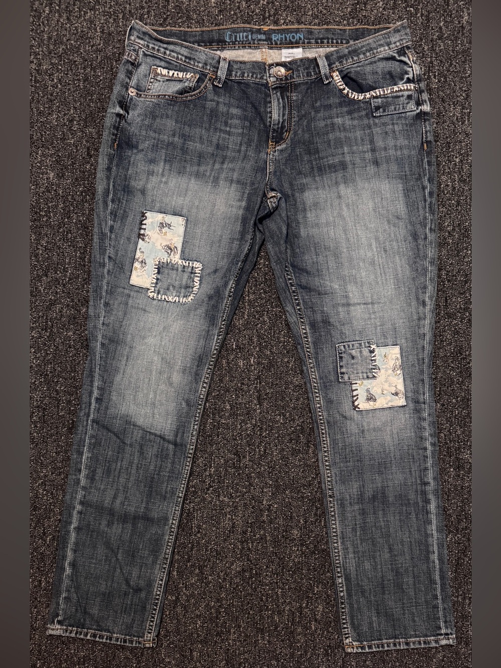 Cruel Girl Denim Rhyon Jeans 31/11 R Distressed Cowboy Patch Straight Leg Blue